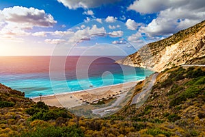 Famous Myrtos beach from overlook, Kefalonia Cephalonia, Greece. Myrtos beach, Kefalonia island, Greece. Beautiful view of