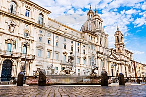 The famous Navona square /Piazza Navona/. Sant` Agnese church and La Fontana del Moro in front.
