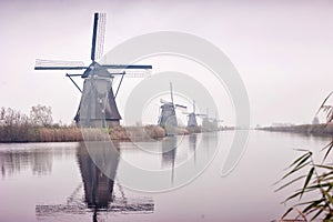 The Famous Netherlands wooden Windmills, UNESCO World Heritage Site, Kinderdijk Windmill village in the soft sunset light of