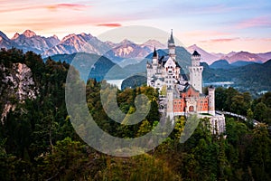 The famous Neuschwanstein castle during sunrise