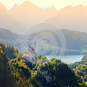 Famous Neuschwanstein Castle, fairy-tale palace on a rugged hill above the village of Hohenschwangau near FÃ¯Â¿Â½ssen