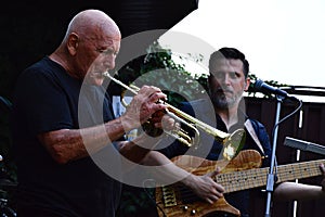 Famous New York based trumpetist and composer Laco Deczi plays on trumpet during his gig in Velke Zaluzie, Slovakia.