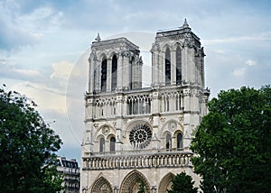 Notre Dame Cathedral in Paris France post fire with it`s towers blackened with soot photo