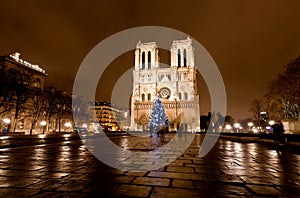 The famous Notre Dame at night in Paris