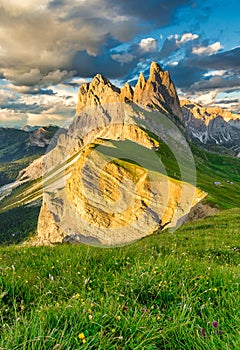 Famous Odle Mountain range at sunset, Seceda, Dolomite, Italy