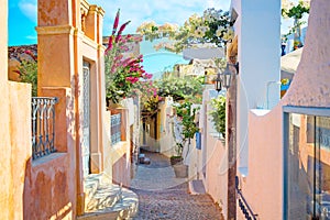 Famous Oia village narrow street with white houses and bougainvillea flowers. Santorini island, Greece
