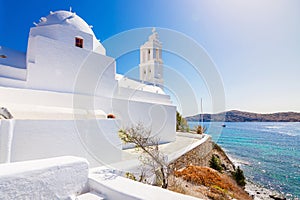 The famous old church of Agia Irini, at the entrance of Yalos, the port of Ios island, Cyclades.