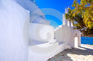 The famous old church of Agia Irini, at the entrance of Yalos, the port of Ios island, Cyclades.