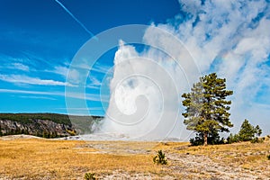 Famous Old Faithful geyser erupting, Yellowstone National Park