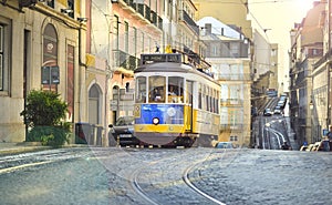 Famous old historic tourist yellow tram in Lisbon