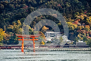 The famous Otorii gate at Miyajima, Japan, as viewed from the ferry. photo