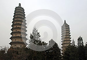The famous pagodas at the Twin Pagoda Temple Yongzuo Temple in Taiyuan.