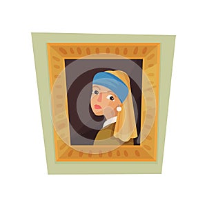 Famous painting of girl with pearl earring and blue headscarf. Museum exhibit. Flat vector for promo poster