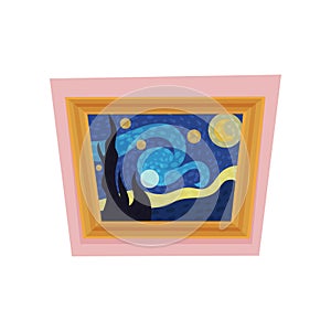 Famous painting of starry night by Vincent van Gogh. Museum exhibit. Art gallery theme. Flat vector for advertising photo