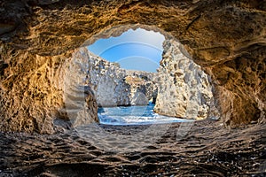 The Papafragkas caves and beach on the Greek island of Milos, Cyclades