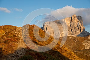 Famous Passo di Giau, Monte Gusela at behind Nuvolau gruppe the Dolomites mountains, near the famous Cortina dâ€™Ampezzo city at