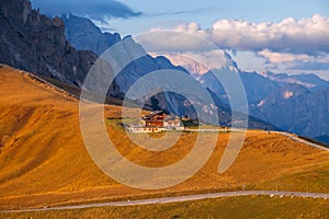 Famous Passo di Giau, Monte Gusela at behind Nuvolau gruppe the Dolomites mountains, near the famous Cortina dâ€™Ampezzo city at