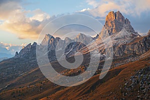 Famous Passo di Giau, Monte Gusela at behind Nuvolau gruppe the Dolomites mountains, near the famous Cortina dâ€™Ampezzo city at