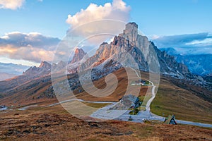 Famous Passo di Giau, Monte Gusela at behind Nuvolau gruppe the Dolomites mountains, near the famous Cortina dâ€™Ampezzo city at