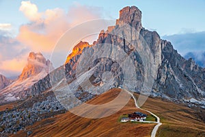 Famous Passo di Giau, Monte Gusela at behind Nuvolau gruppe the Dolomites mountains, near the famous Cortina dâ€™Ampezzo city at