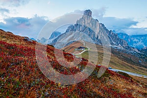 Famous Passo di Giau, Monte Gusela at behind Nuvolau gruppe the Dolomites mountains, near the famous Cortina dâ€™Ampezzo city at