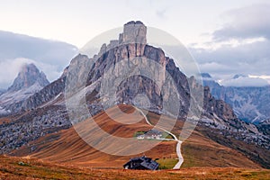Famous Passo di Giau, Monte Gusela at behind Nuvolau gruppe the Dolomites mountains, near the famous Cortina dâ€™Ampezzo city at