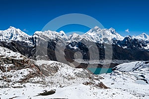 Famous peaks view from Renjo Pass: Everest, Pumori, Makalu