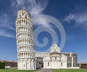 The famous Piazza dei Miracoli square and the leaning tower, in the historic center of Pisa, Italy, completely deserted