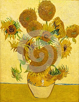 sunflowers in a vase, still life paintings by the painter Vincent van Gogh, furth version, yellow