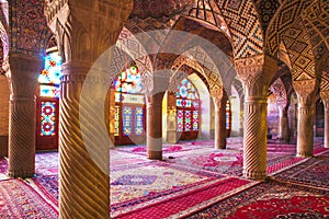 Famous pink mosque decorated with mosaic tiles, Shiraz, Iran.