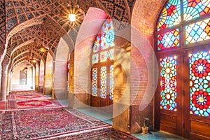 Famous pink mosque decorated with mosaic tiles, Shiraz, Iran.