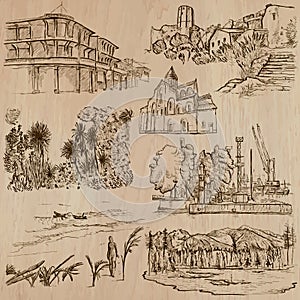 Famous places and architecture - hand drawn vector