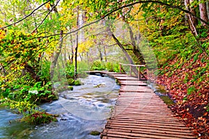 Famous Plitvice lakes with beautiful autumn colors and magnificent views of the waterfalls ,Plitvice national park