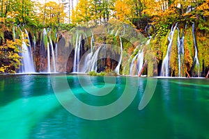 Famous Plitvice lakes with beautiful autumn colors and magnificent views of the waterfalls ,Plitvice national park