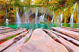 Famous Plitvice lakes with beautiful autumn colors and magnificent views of the waterfalls ,Plitvice national park