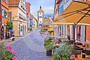 Famous Plonlein gate and cobbled street of historic town of Rothenburg ob der Tauber view