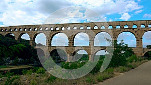 Famous Pont du Gard Roman aqueduct over the River Gardon, France