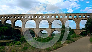 Famous Pont du Gard Roman aqueduct over the River Gardon, France