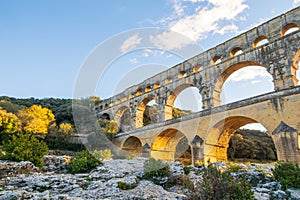 Famous Pont du Gard, at setting sun. Photography taken in Provence, southern France