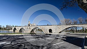 The famous Pont Saint-BÃ©nÃ©zet also known as the Pont d`Avignon , medieval bridge in the town of Avignon