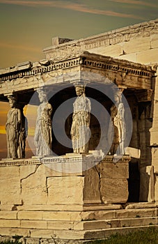 The famous Porch of the Caryatids or the Maidens on the south side of the Erechtheion or Erechtheum an ancient Greek temple on the
