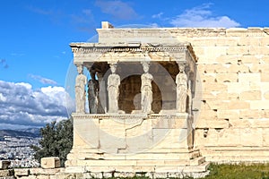 The famous Porch of the Caryatids  or the Maidens on the south side of the Erechtheion or Erechtheum an ancient Greek temple on