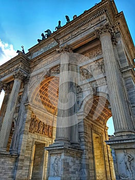 Famous Porta Sempione (Arco della Pace) landmark in Milan, Italy