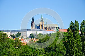 Famous Prague Castle in Prague, Bohemia, Czech Republic surrounded by historical buildings and green trees. Czech capital,