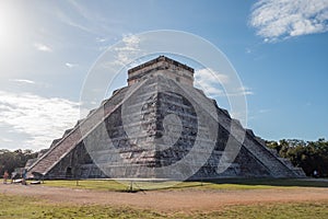 Famous pyramid dominating Chichen Itza`s ancient Mayan ruins in Mexico