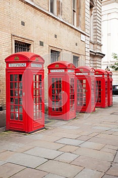 Famous red telephone booths in Covent Garden street, London, England