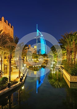 Famous reflection view with 7 star hotel Burj Al Arab, Dubai, United Arab Emirates