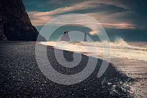 Famous Reynisfjara black sand beach on the south coast of Iceland