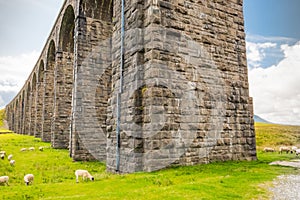 Famous Ribble Valley viaduct railway crossing showing detail of the stonework under-structure and guttering