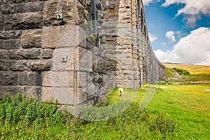 Famous Ribble Valley viaduct railway crossing showing detail of the stonework under-structure and guttering.